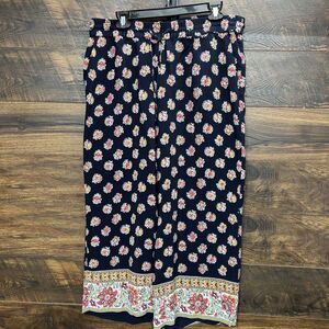 Loft Ankle Pants Women XL Navy Blue Floral Drawstring WideLeg Flow Boho Pockets